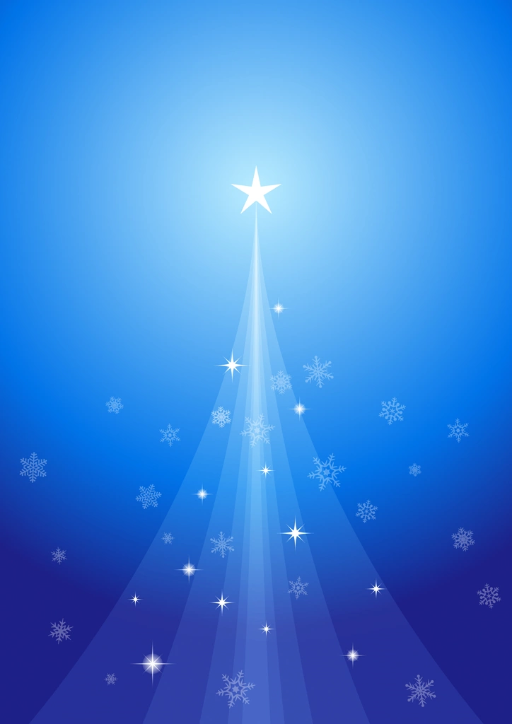 6種類のクリスマスツリーと雪片の縦型背景のイラストとベクター | 6種類のクリスマスツリーと雪片と青色の縦型縦型背景